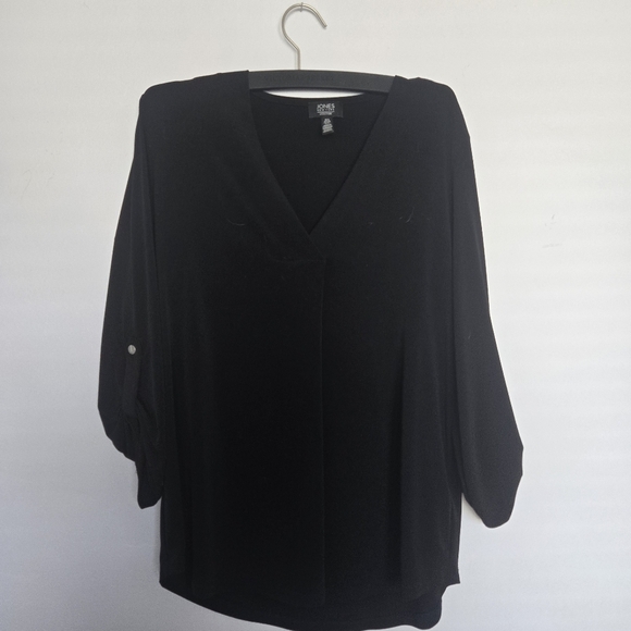 Women's Black V-neck Blouse with Button Detail - Picture 1 of 5